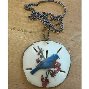 Vintage Painted Sand Dollar Necklace. Blue Bird w/ Flowers. Signed. Birds Beach